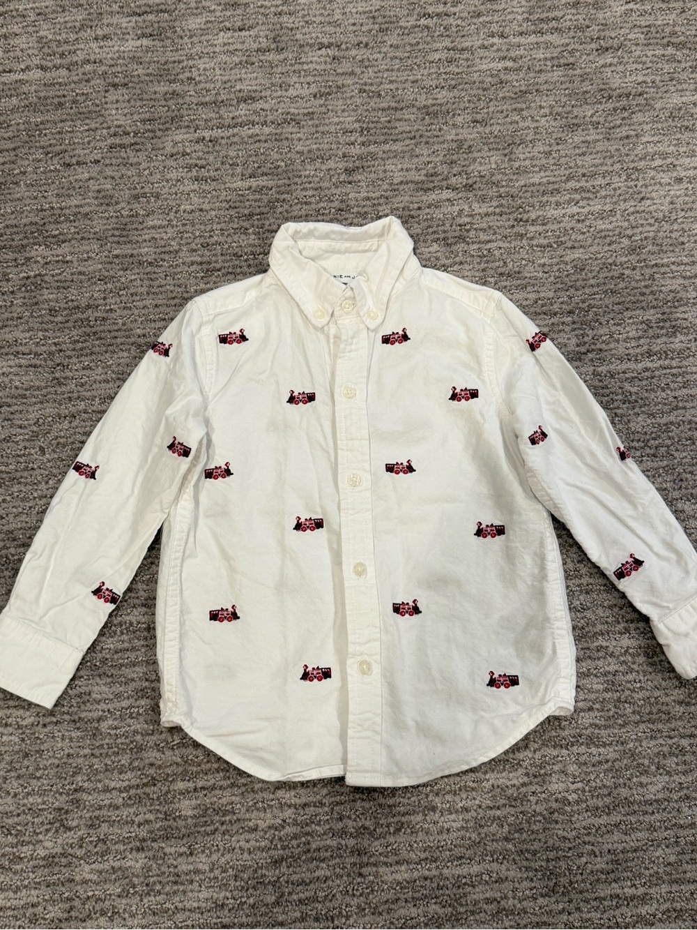 Janie and Jack Boys Size 3 White Button Down Shirt Embroidered Red Trains Cotton